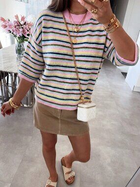 Multicolor Casual Women's Y2K Knit Striped Crewneck Half Sleeve Sweater